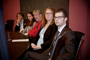 Listening to the presentation in the City Council Hall: from left to right: Prof. Sander de Leeuw (VU), Nienke Hofstra (VU), Prof Dirk-Jan Kamann (Pannonia), Prof. Helen Walker (President IPSERA), Prof. Wout Dullaert (VU)